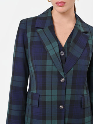Blue Tartan Viscose-Blend Single-Breasted Jacket
