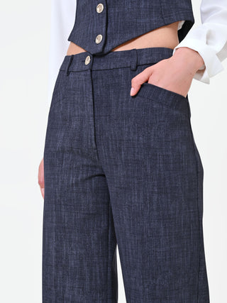 Pantalone blu navy a palazzo con risvolto
