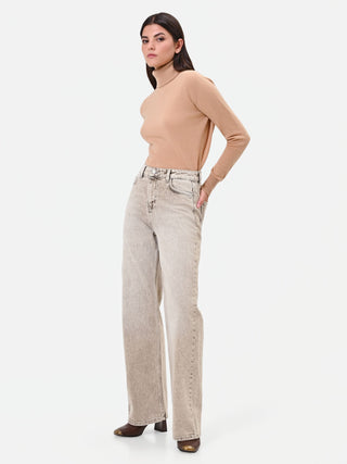 Jean ample taille haute beige taupe
