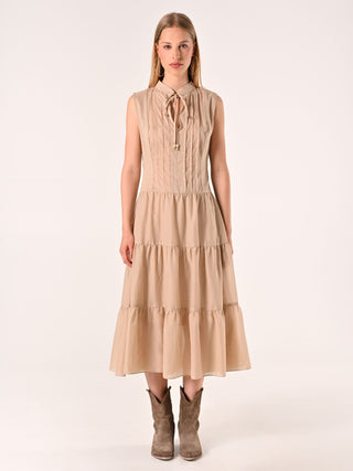 Abito a Balze Beige in Cotone