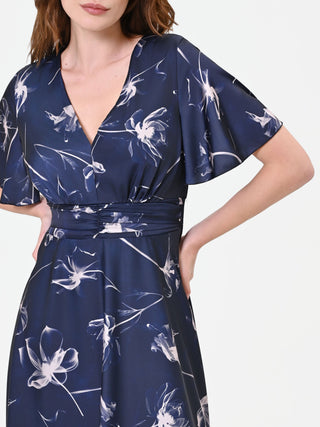 Navy Blue Floral Satin Maxi Dress