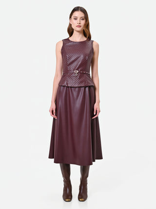 Burgundy Faux Leather Dress with Woven Bodice