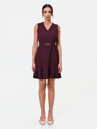 Burgundy Belted Flounce-Hem Dress