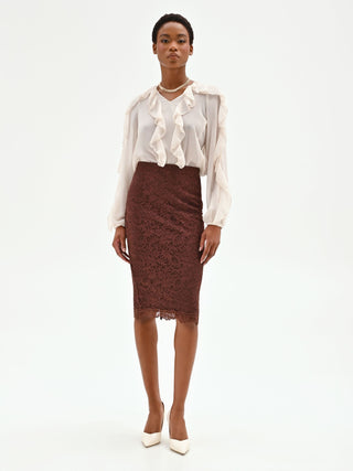 Gonna a tubino in pizzo cioccolato