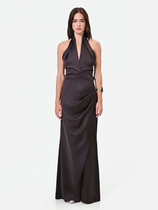Robe longue couleur chocolat avec drapé