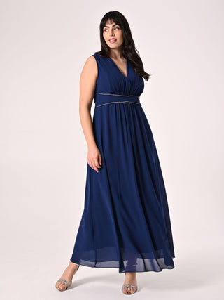 Abito Blu Curvy Lungo con Piping Strass