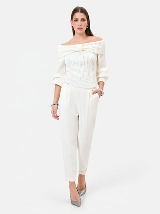 Cream Cropped Cuffed Trousers