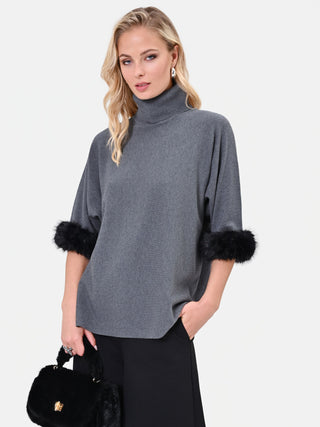 Dunkelgrauer Viskose-Pullover mit Bündchen in Felloptik