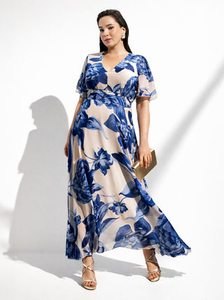 Abito lungo Curvy blu brillante con stampa floreale