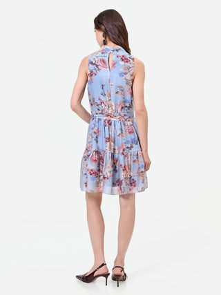 Robe courte fleurie bleu ciel à volants