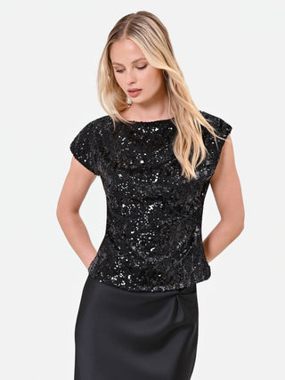 Black Sequin Top with Asymmetric Hem
