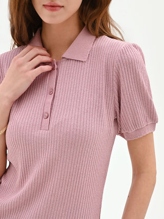 Pink Ribbed-Knit Polo Shirt