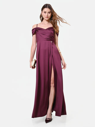 Bordeaux Draped Satin Long Dress