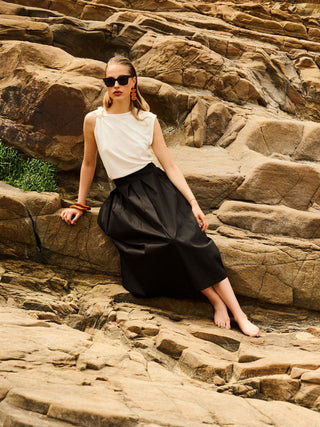 Full Midi Skirt in Black Cotton