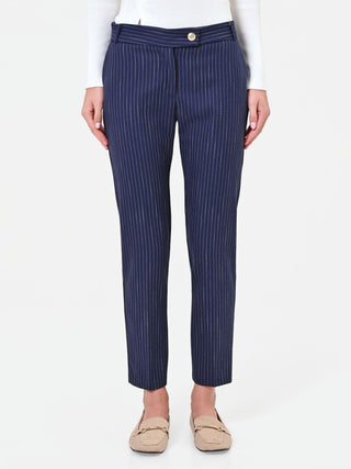 Pantalone in misto viscosa blu navy gessato