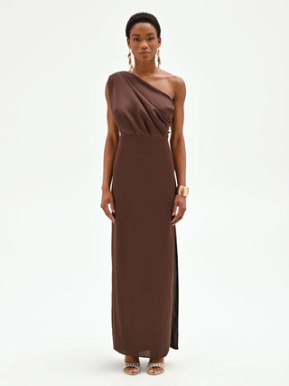 open lace back dress Chocolate One-Shoulder Draped Gown – Rinascimento