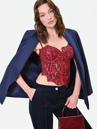Bordeauxrotes Bustier-Top aus floraler Spitze