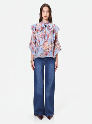 Sky Blue Floral Bow Blouse