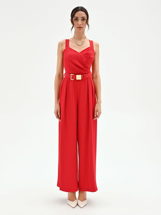 Belted Red Palazzo Jumpsuit