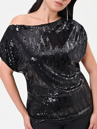 Curvy Black Asymmetrical Sequin Blouse