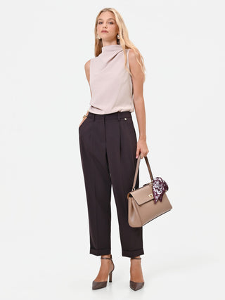 Dark Brown Straight-Leg Cuffed Trousers in Poly-Viscose