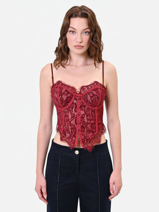 Bordeauxrotes Bustier-Top aus floraler Spitze