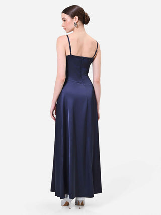 Abito lungo blu navy con drappeggio incrociato