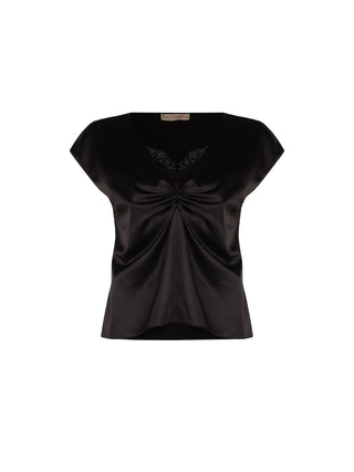 Top Curvy nero in raso con nodo centrale