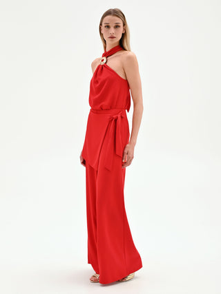 Pantalon palazzo rouge à effet portefeuille
