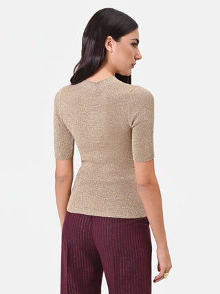Gold Viscose Top with Cut-Out and Jewel Buttons