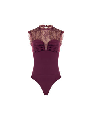 Sleeveless Burgundy Top with Lace and Draping