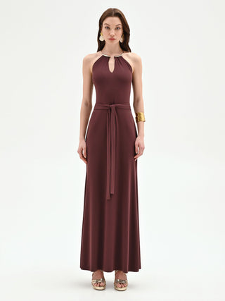 Chocolate long dress with collier detail