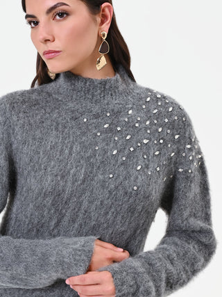 Crystal-Embellished Grey Mohair Sweater