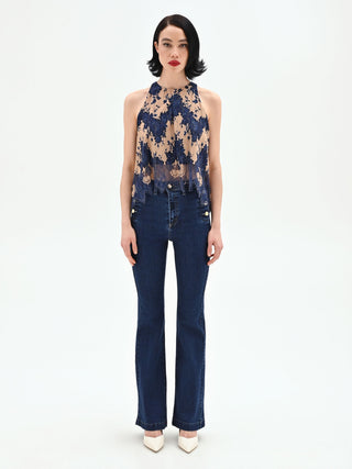 Blue two-tone macramé lace top