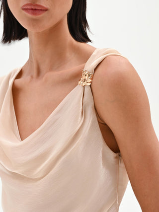 Light beige draped top in iridescent fabric