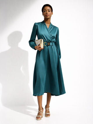 Teal Satin Midi Dress