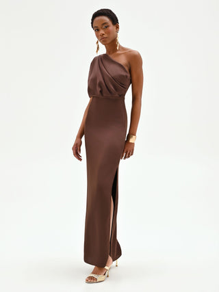 Chocolate One-Shoulder Draped Gown
