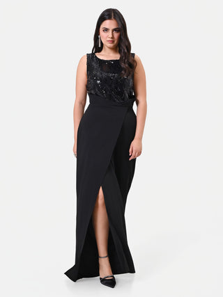 Curvy Black Jumpsuit with Sequin Bodice and Slit