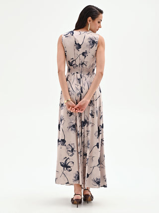 Abito lungo blu navy con stampa floreale