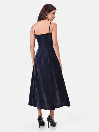 Abito midi blu martellato con scollo dritto