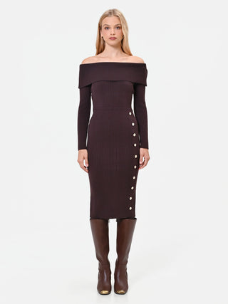 Dark Brown Viscose-Blend Midi Dress with Decorative Buttons