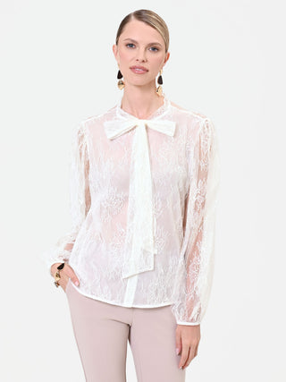 Camicia in pizzo panna bianco con fiocco al collo