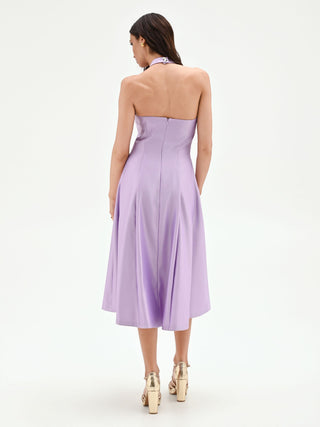 Lilac Satin Crossover Halterneck Midi Dress