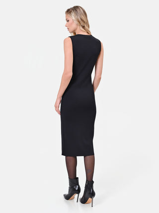 Black Viscose Knit Sheath Dress with Jewel Details