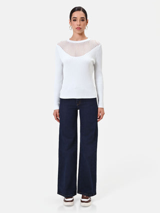 Off-White Ribbed Viscose Top with Sheer Details