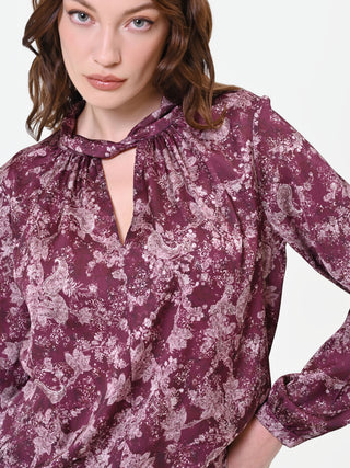 Patterned Burgundy Blouse with Twisted Neckline