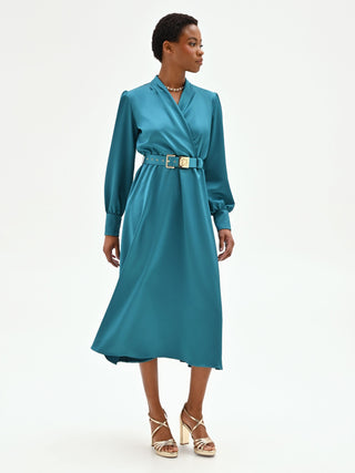 Teal Satin Midi Dress