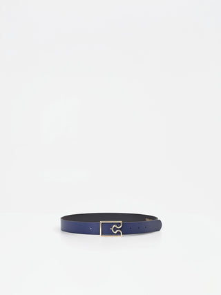 Navy Blue Leather Belt with Gold Geometric Buckle