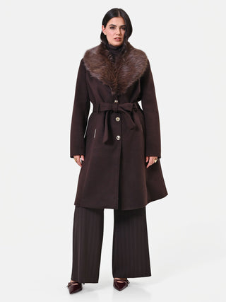 Dark Brown Curvy Coat with Faux Fur Collar