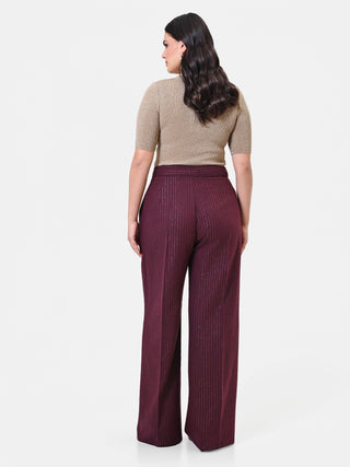 Pantalone Curvy in misto viscosa rosso bordeaux gessato a vita alta